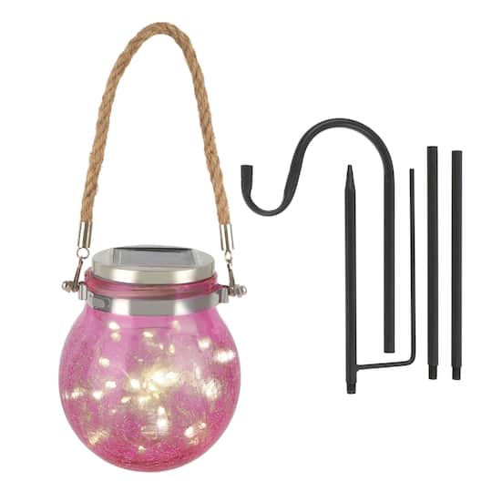 Warm White Solar LED Light Pink Hanging Glass Lantern by Ashland&#xAE;